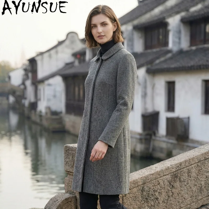 AYUNSUE Women's Double-sided Woolen Overcoat Mid-length Houndstooth Jackets for Woman Fashion Commuter Outerwear Woman Clothes