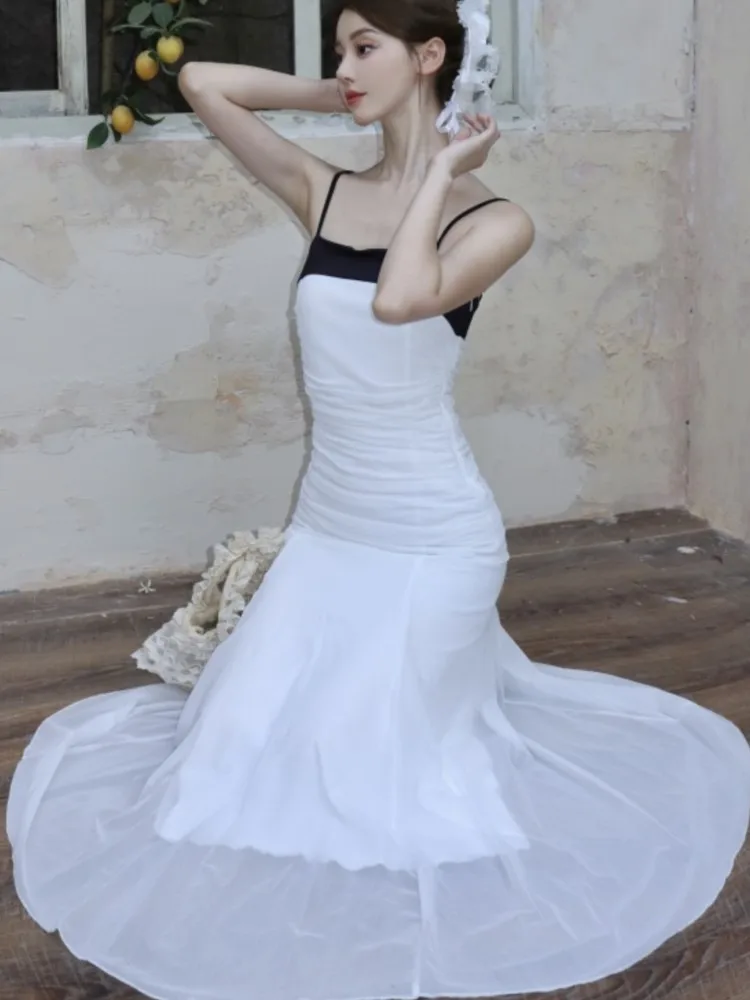 Летние вечерние элегантные сетчатые длинные платья русалки для женщин, новинка 2025, модное черное плиссированное платье в стиле пэчворк, Vestidos, платье на день рождения