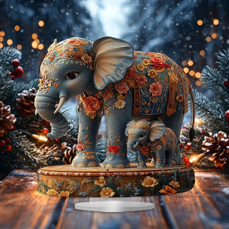 1PCS Bohemian Style Cartoon Elephant Acrylic Figurine Blessing Lucky Elephant Figurine Colorful Flat-printed Gift Decoration