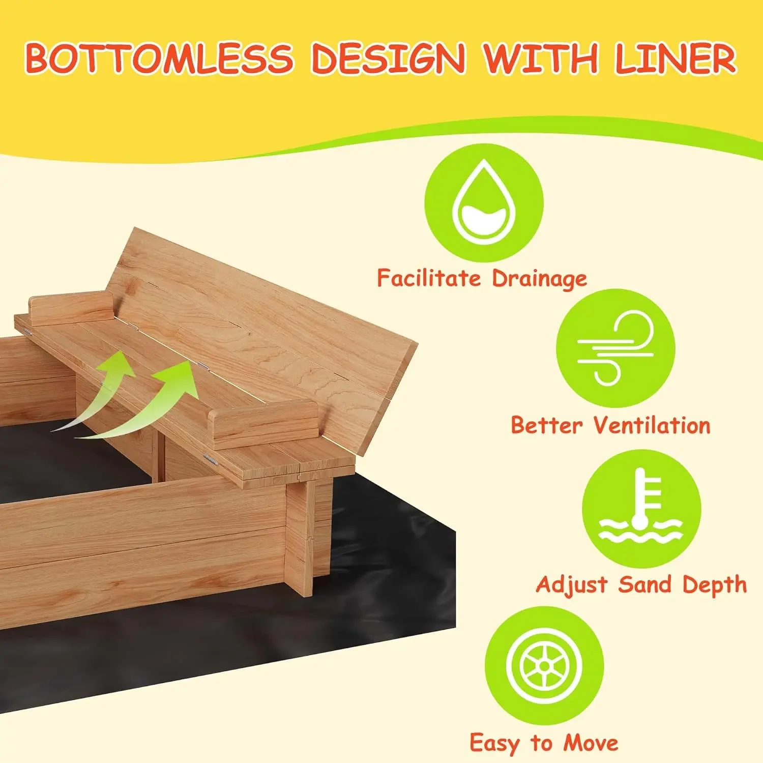 Holz-Sandkasten mit Abdeckung/Deckel, Sandkasten mit 2 Sitzbankn und Bodenfutter, Outdoor-Sandgitter für Kinder/Kleinkinder/Kinder, Perfe