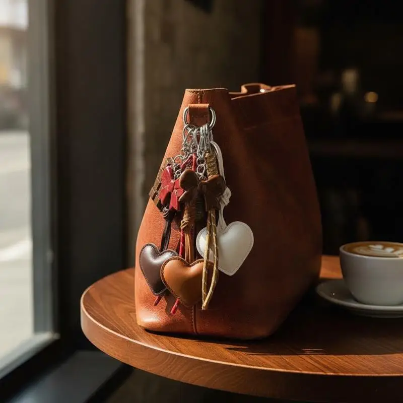 1Pcs Bag Package Decor Chocolate Pendant INS Style Kawaii Korea Trendy Heart Leather Keychain Accessories Creative Key Chain