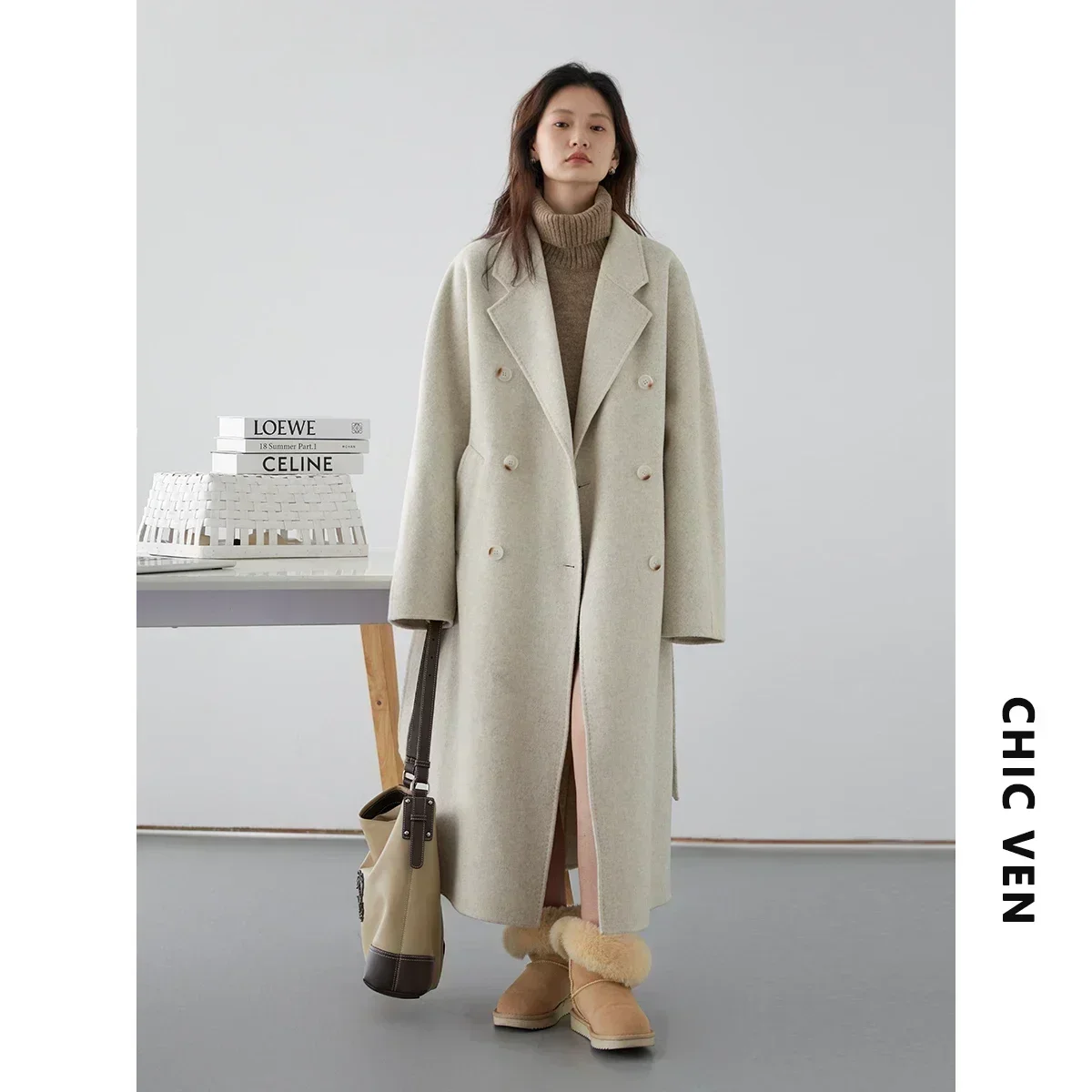 CHIC VEN Women Long Double-sided Woolen Coats Loose Female Overcoat Double Breasted Ladies Windbreak Coat Autumn Winter 2023