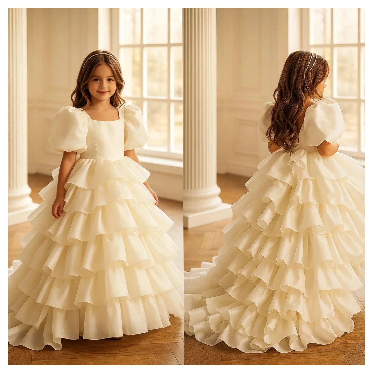 Luxuriöse Blumenmädchenkleider, Prinzessinnenkleider mit Puffärmeln, Kinderkleider mit Schleppe, Hochzeits-Blumenmädchenkleider, Kommunionkleider 2026