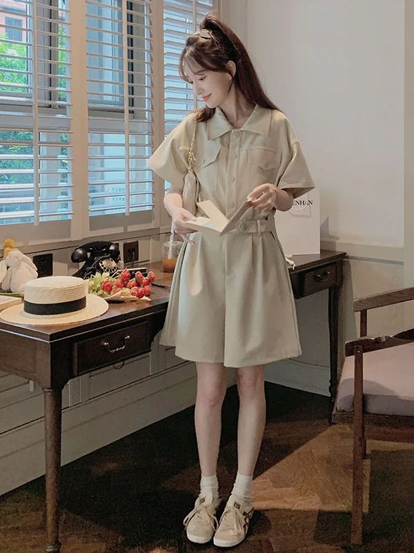 

plus Size Workwear Jumpsuit Women's High Waist Slimming Summer Collar Gathered Waist Dress Pants for Heavy MM