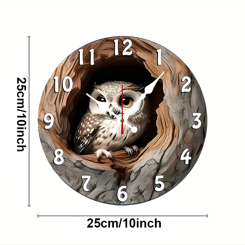 Tree Hole Owl Wooden Round Silent Hanging Wall Clock, Suitable For Living Room, Office, Study Room, Bedroom, Home Decoration