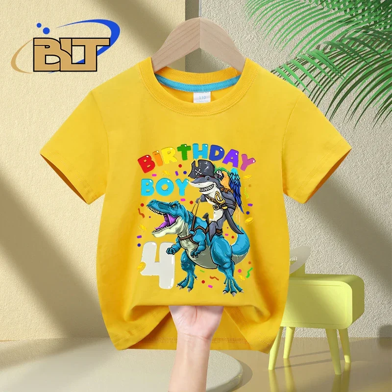 Camiseta de algodón con estampado de dinosaurio para niños y niñas, camiseta de manga corta con estampado de tiburón Rex, regalo de cumpleaños, 4 ° cumpleaños