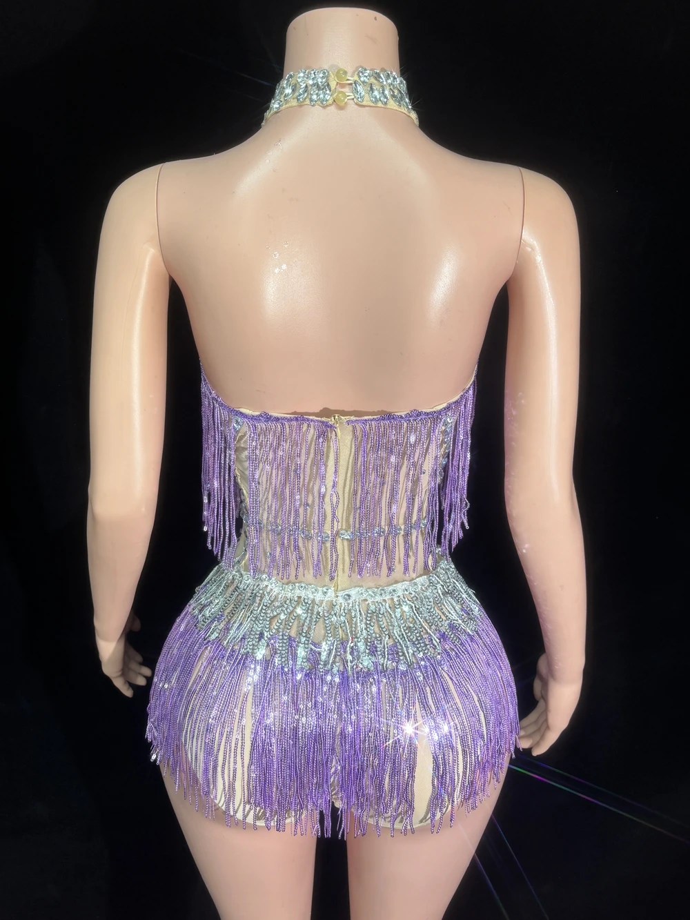Sparkly Rhinestones Tassels Bodysuit for Women Sexy Mesh See Through Performance Dance Costume Singer Dancer Show Stage Wear view 3