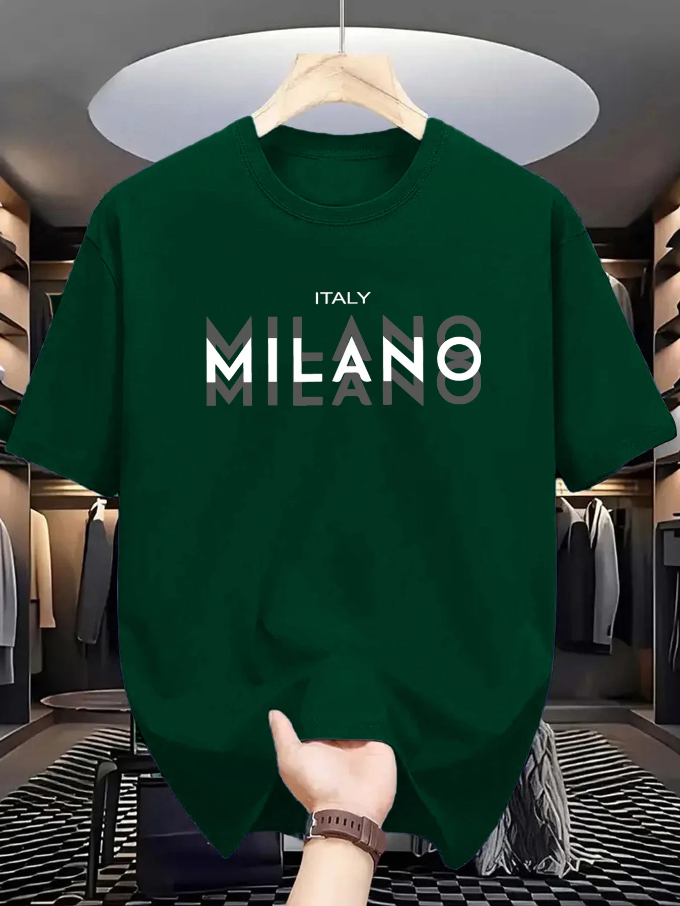 تي شيرت رجالي صيفي 100% من القطن الخالص إيطاليا ميلانو مطبوع عليه حروف رياضية غير رسمية عصرية فضفاضة برقبة دائرية وأكمام قصيرة