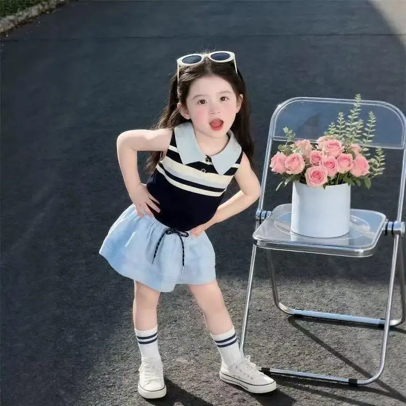 

Girls Summer Set Fashion Children's Polo Neck Knitted Sleeveless Top And Plaid Skirt Two-Piece Set Kids Outfit