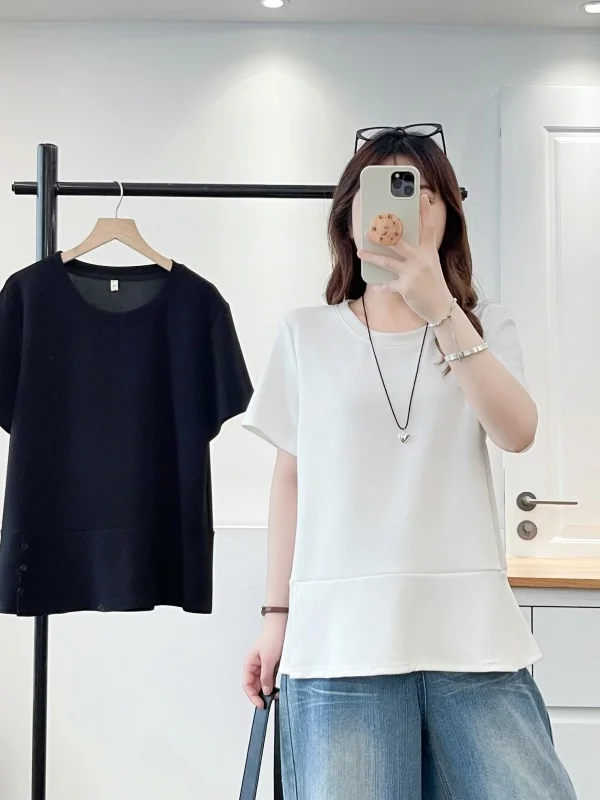 Summer Loose round Neck Short Sleeve T-Shirt plus Size Patchwork Slimming Belly Covering Half Sleeve Top Women's Fashion