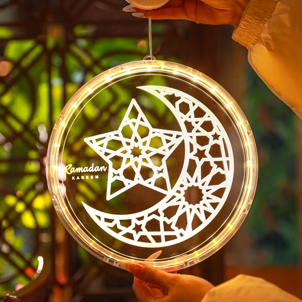 

Luminous Ramadan Hanging Lamp Suction Cup Warm White LED Fairy Lights Night Lights Round Moon Star Castle Lamp Home Decoration
