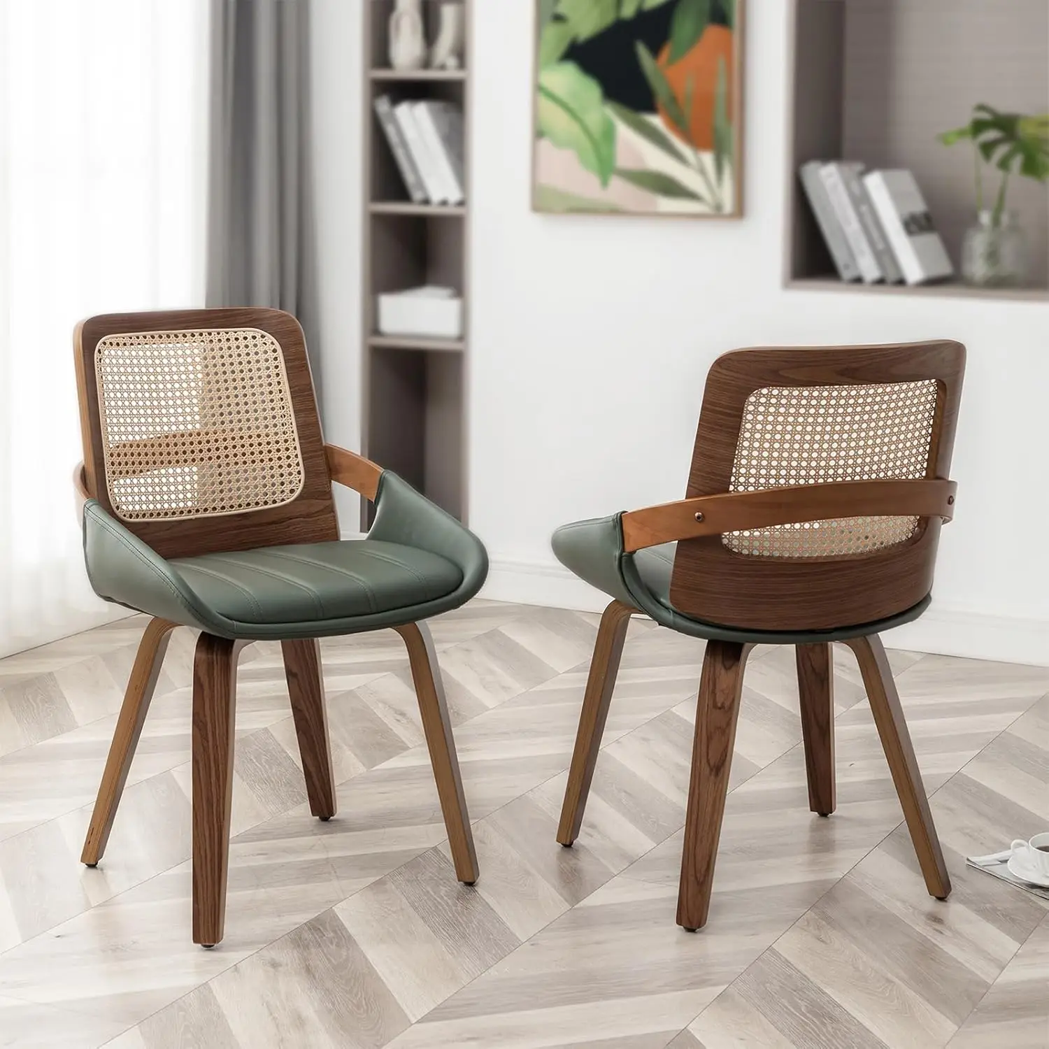 Set of 2 Cane Dining Chairs - Mid Century Modern Dining Chairs with Walnut Bentwood Frame, Ergonomic Rattan Back, Curved Arms