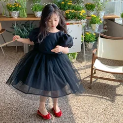 1-3T Summer Girls Dress Children Elegant Short Puff Sleeves Big Bow Mesh Splicing Dresses Short Sleeves Casual Backless Dress