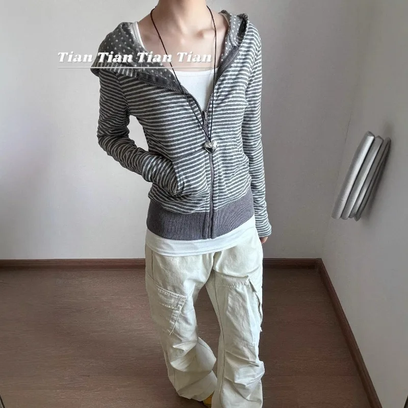 2026 Early Autumn New Vintage Slim Fit Thin Striped Hooded Cardigan Spice Girl Sweatshirt for Trendy Young Women Daily Wear view 2