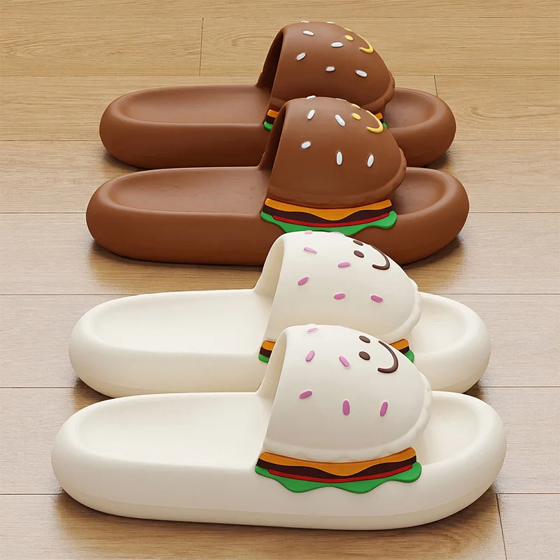 Cute Smiley Face Burger Slippers Women Creative EVA Non Slip Soft Sole Summer Sandals Comfortable Fun Indoor Home Shoes