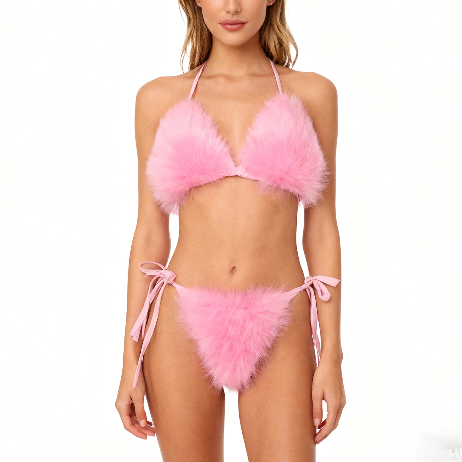 

Women Fuzzy Plush Lingerie Set Pool Party Underwear Detachable Faux Fur Part Halter Bra and Briefs Lace-up Bikini Bathing Suit
