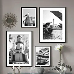 A4 6 7 8inch Photo Frame With Canvas Painting Black And White Beach Mushroom Boat Bird Flowers Wall Art Combination Photo Frame