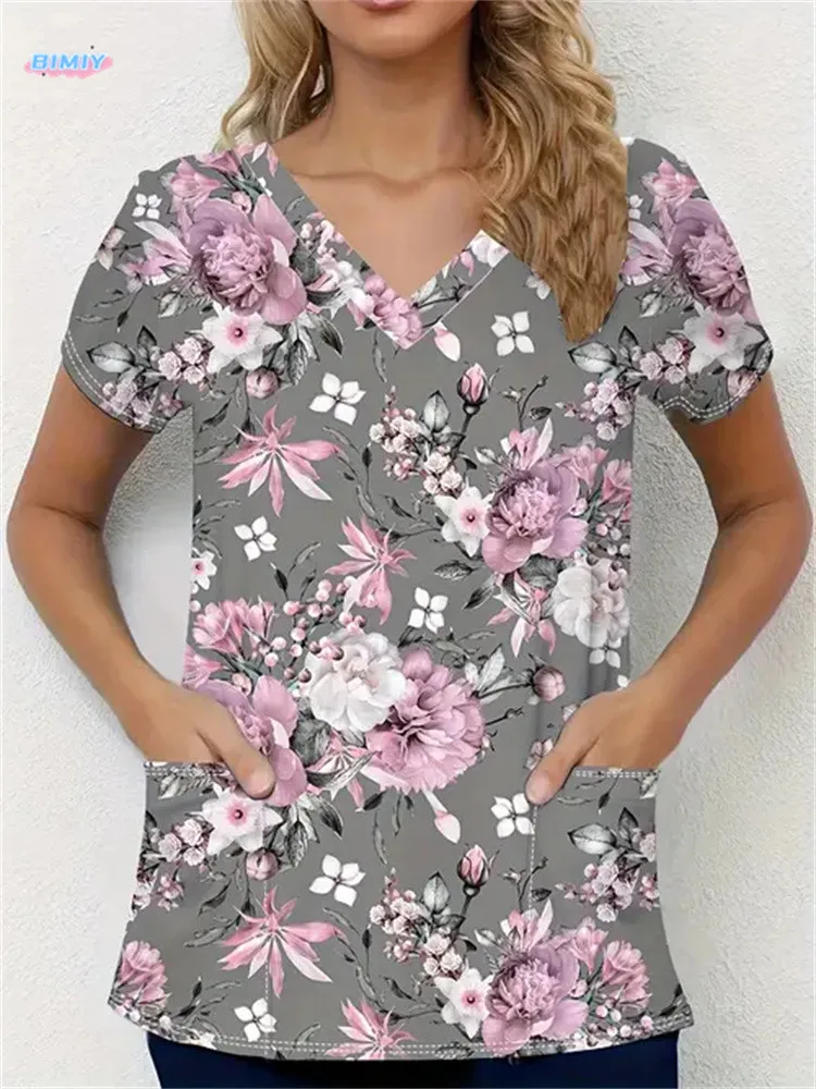 Uniforme de trabajo con estampado para mujer, uniforme de enfermera con bolsillo, manga corta, cuello en V, Tops exfoliantes, ropa protectora para clínica de cuidado de la salud