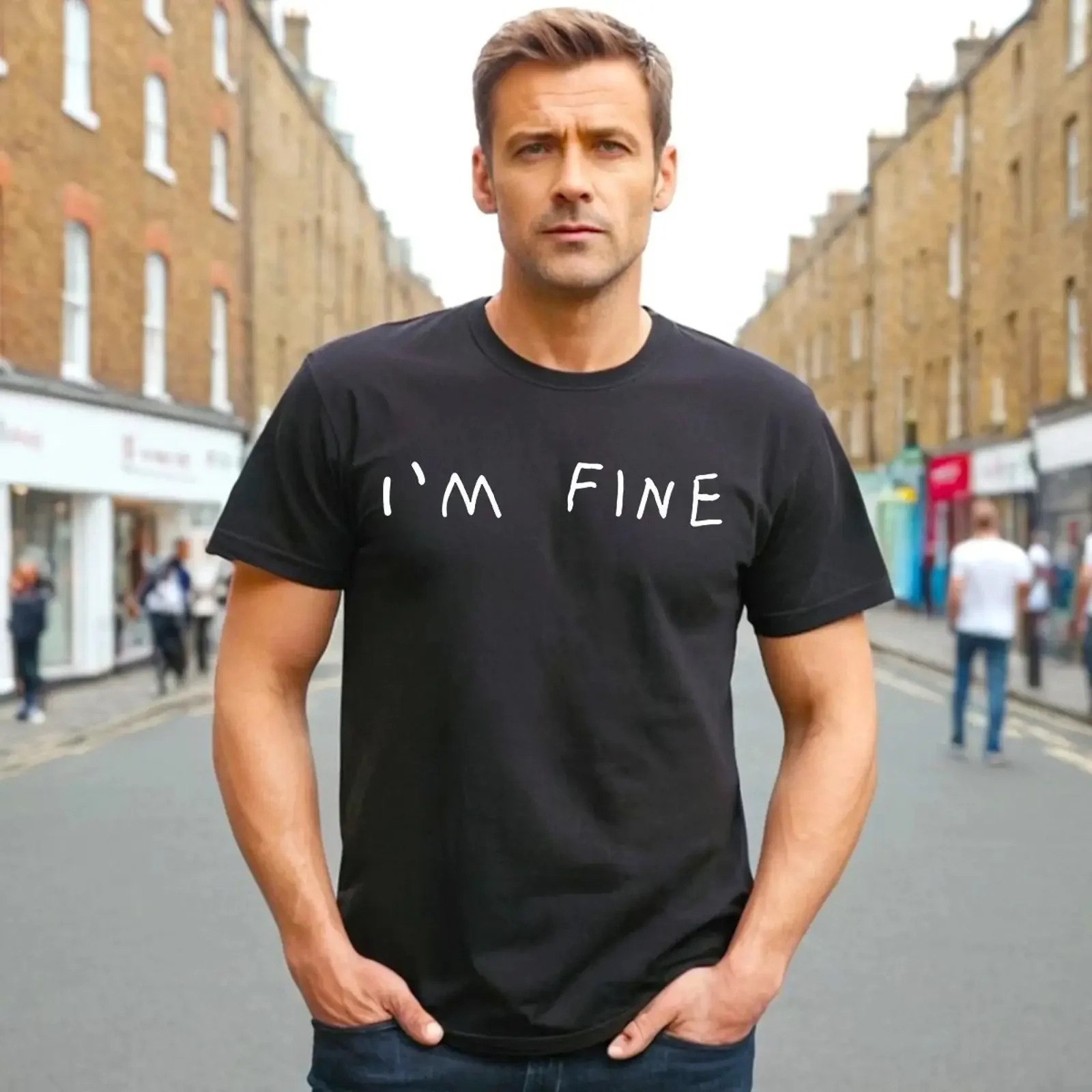 I'M FINE LUSTIGE BUCHSTABEN HAPPY BOY WITZ COOLER SPRUCH HERREN TEE T SHIRT vintage Washed Stretched streetwear Slightly