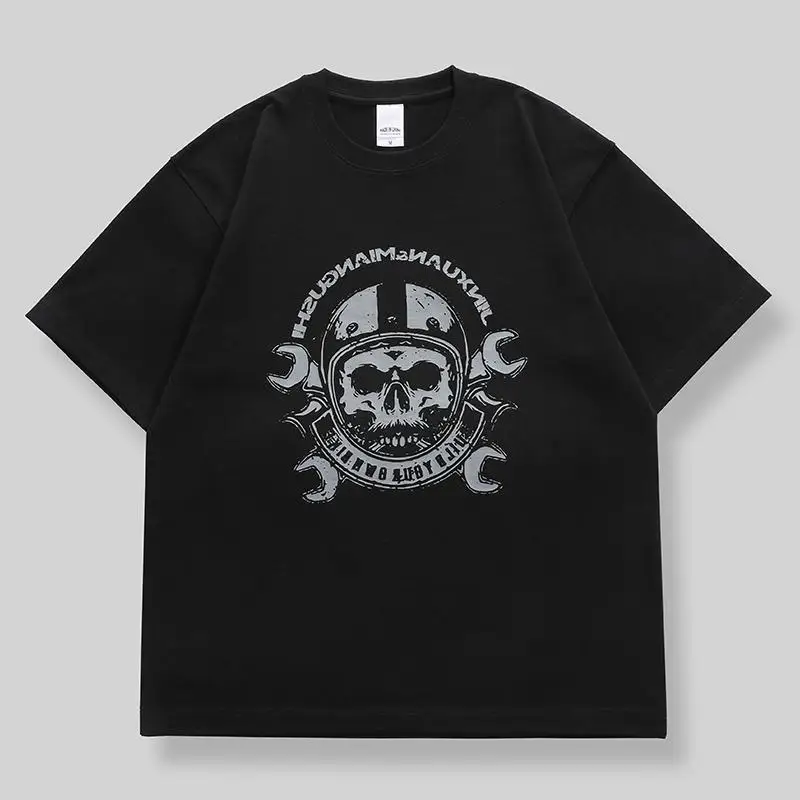 

American Leisure Sports Versatile Skull Print Loose Cotton Bottoming Shirt Men's Locomotive Culture Short-sleeved Riding T-shirt