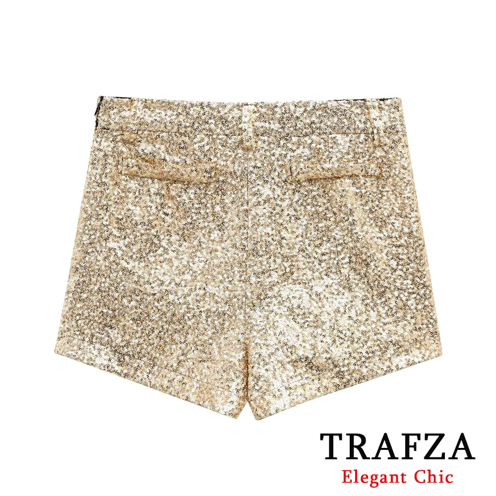 TRAFZA-pantalones cortos elegantes con lentejuelas doradas para mujer, moda Primavera Verano 2025, pantalones cortos informales Y2K, pantalones cortos sexis para fiesta y cena