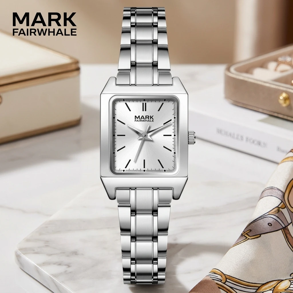 Mark Fairwhale Ladies Quartz Watch Square Dial Simple Line Marker Stainless Steel Bracelet Elegant Female Wristwatch