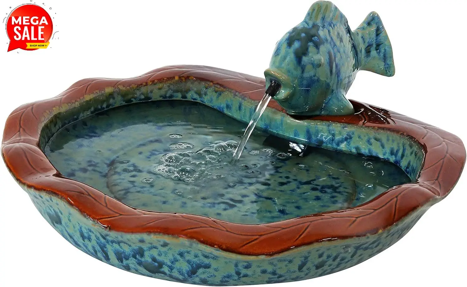 Sunnydaze Glazed Ceramic Fish 7 Inch Outdoor Garden Fountain Outdoor Tabletop Fountain for Patio Deck Garden Aqua and Brown