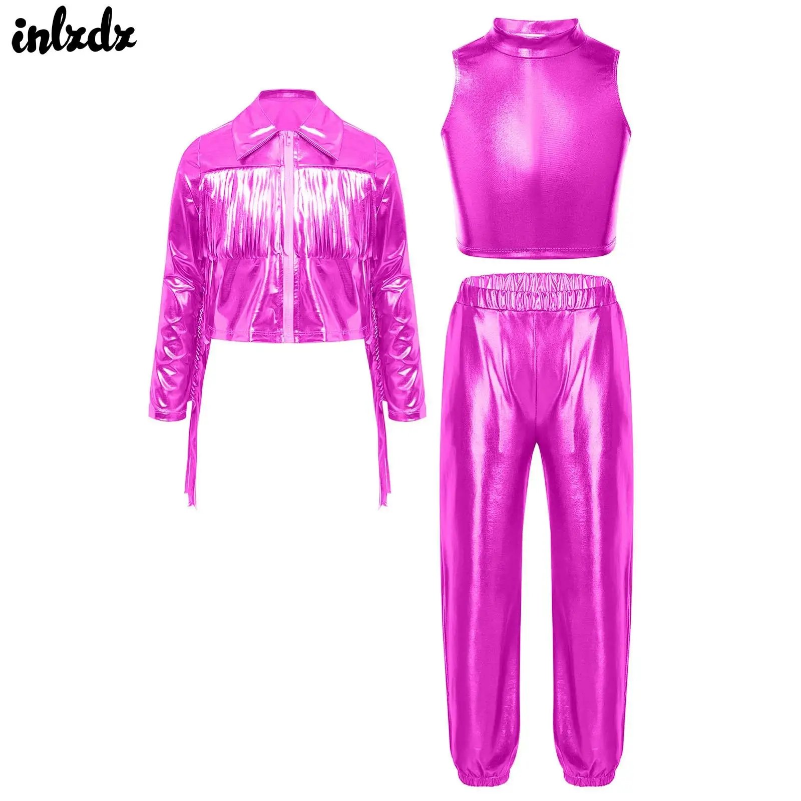 

Kids Girls Metallic Hip Hop Jazz Dance Performance Outfit Vest with Turn-down Collar Long Sleeve Tassels Zipper Jacket And Pants