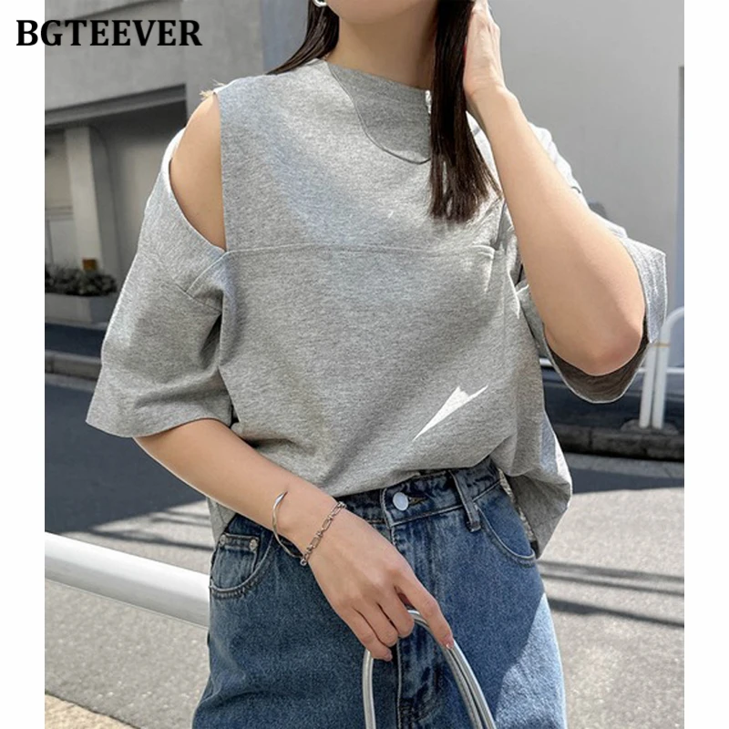 

BGTEEVER Casual Loose Short Sleeve Women Off-the-Shoulder Cotton Tees Summer Fashion O-neck Ladies T-shirts