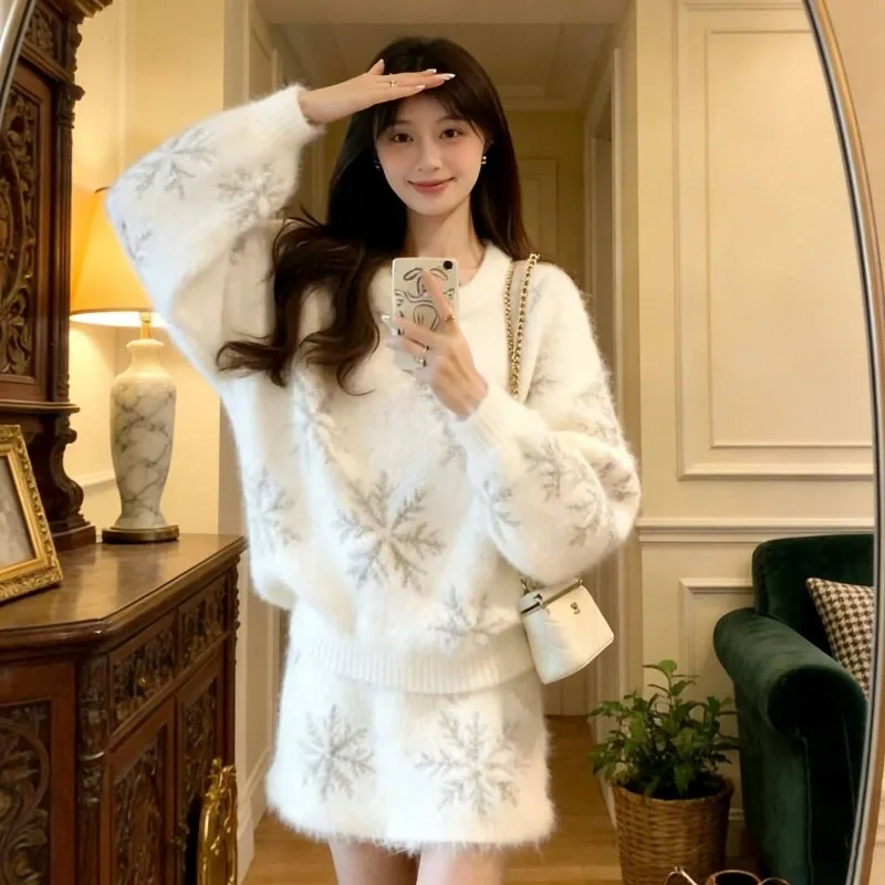 Women Soft Fuzzy Snowflake Knit Sweater A-line Mini Skirt Two Piece Outfit Sweet Sets Winter