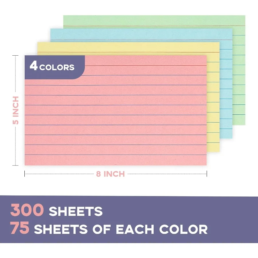 การ์ดอินเด็กซ์สี 300 ชิ้น ขนาด 5x8 นิ้ว แบบมีเส้น 4 สี สำหรับการเรียน การจดบันทึกสูตรอาหาร การ์ดบันทึกข้อมูล อุปกรณ์สำนักงาน งาน DIY และงานนำเสนอ