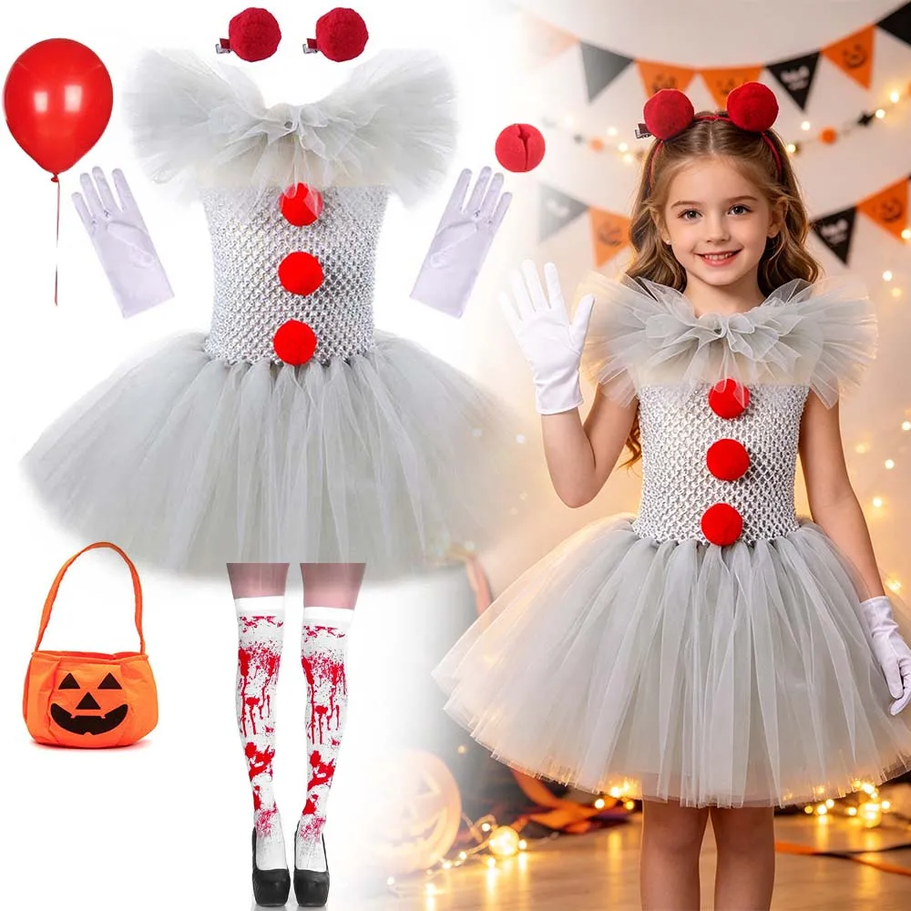 Kids Cute Grey Clown Fancy Dress Mesh Tutu Gown Pom Pom Accessories Set Birthday Masquerade Trick or Treat Costume