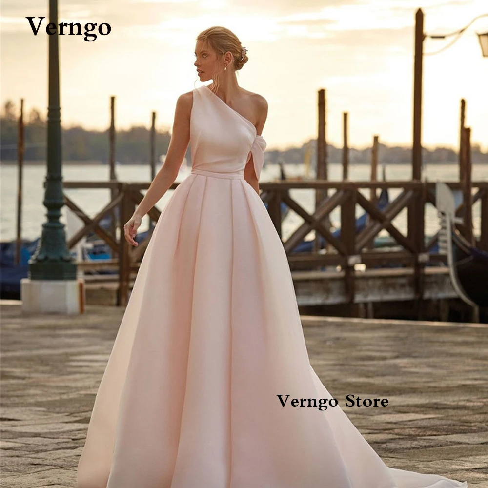 Verngo Simple A Line Light Baby Pink Silk Organza Wedding Dresses One Shoulder Court Train Women Long Garden Bridal Gowns