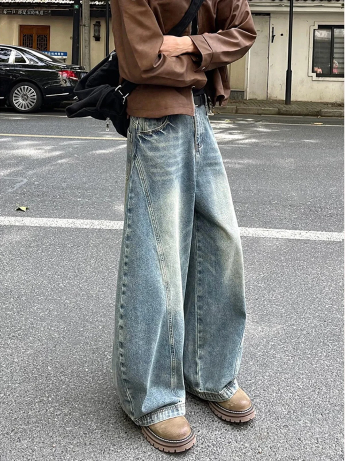 

Retro Blue Knife Men's Denim Jeans American Sle Cool Wide Leg Pants High Waist Long Trousers Youth Faion Winter Wear