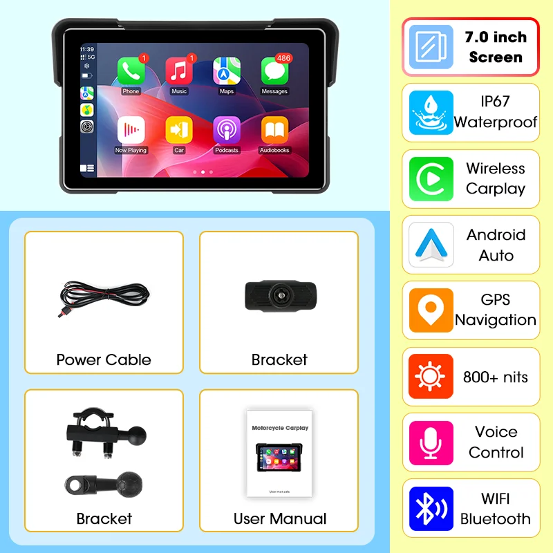 Jansite Motorfiets Display Scherm, Draadloze Carplay & Android Auto Moto GPS Navigator, IP67 Waterdichte Draagbare Motorfiets Dashboard, Dubbele Bluetooth 5.0, Ondersteunt Helm WIFI Intercom,