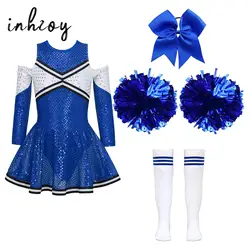 Kids Girls Cheerleader Costume Halloween Cosplay Cheerleading Dance Outfits Sequins Dress with Pom Poms Bow Hair Clip Socks Sets