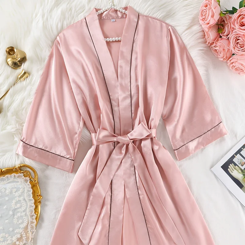 

Solid Satin Night Robe Elegant Long Sleeve V Neck Pajamas With Belt Sexy Women Sleepwear