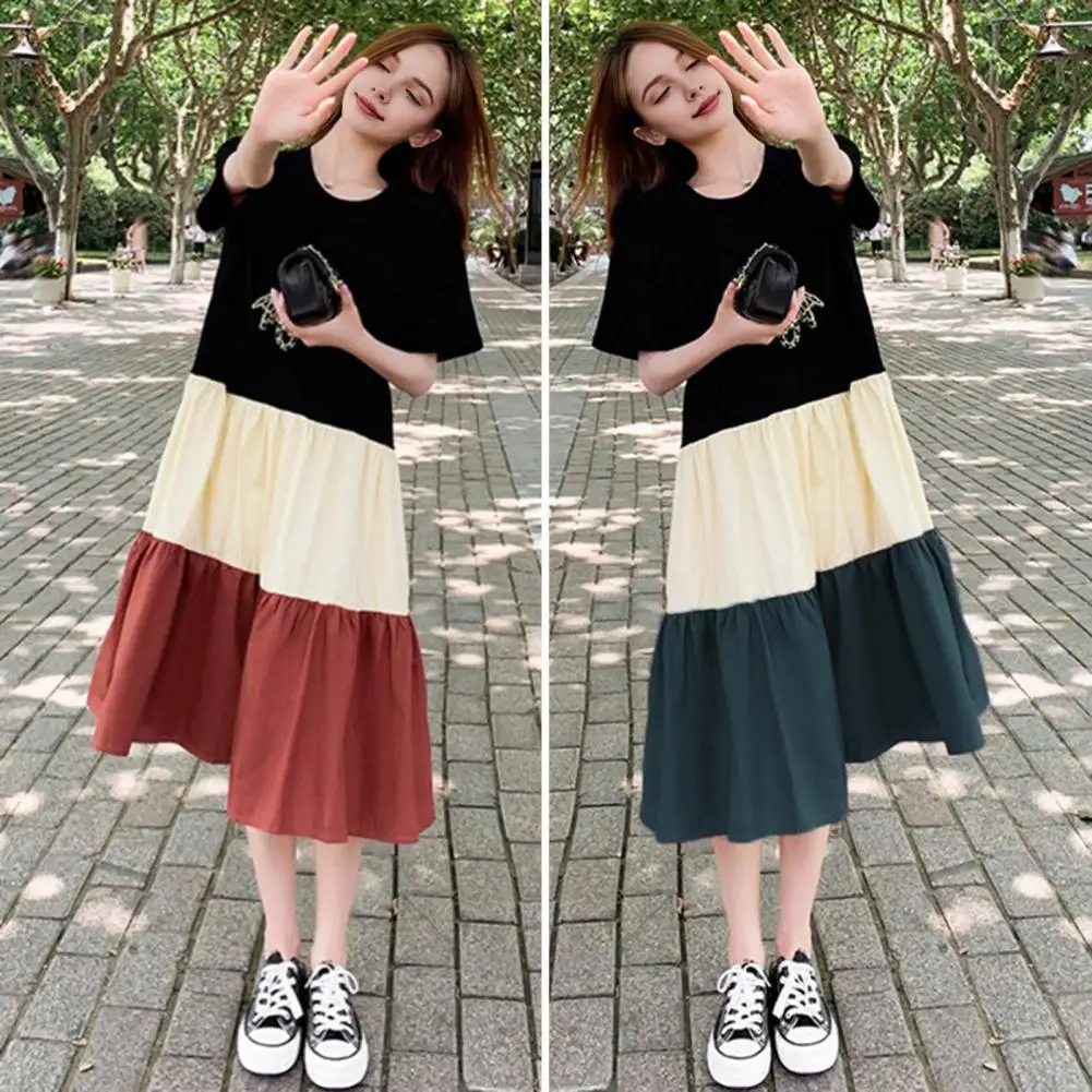 

Color Matching Dress Colorblock Patchwork Pleated A-line Midi Dress for Women Stylish Short Sleeves Round Neck Loose for Wear