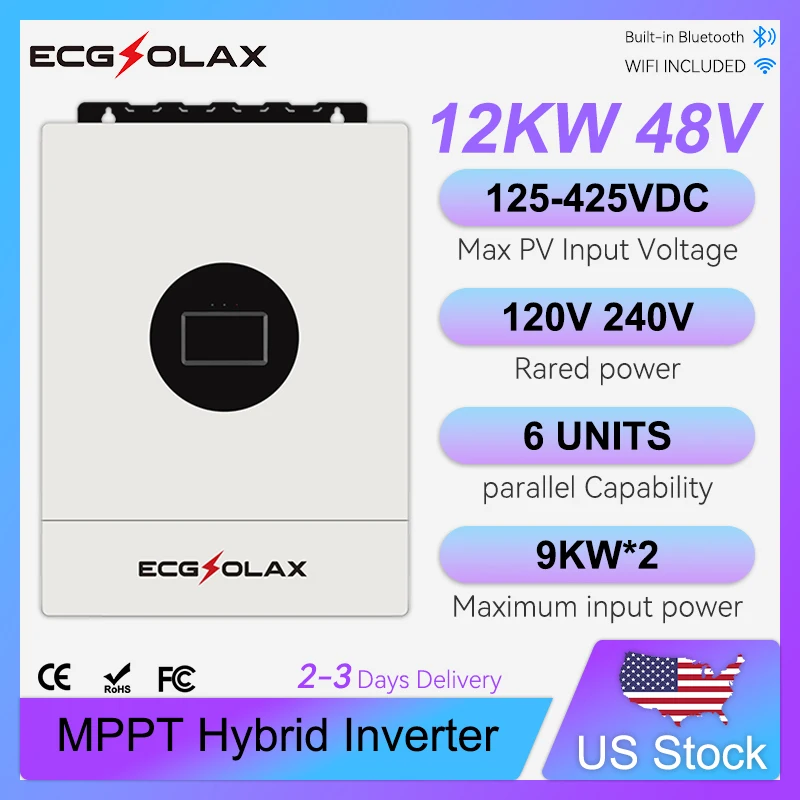 

ECGSOLAX 12 кВт гибридный солнечный инвертор 48 В 110 В/240 В сплит-фазный чистый синусоидальный инвертор с MPPT 200 А контроллер зарядки PV 500 В