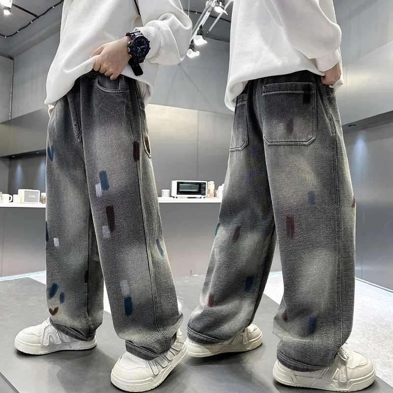 

Американский модный тренд, детские прямые джинсы для мальчиков и девочек, уличные джинсовые брюки y2k с рисунками, детские осенние повседневные брюки