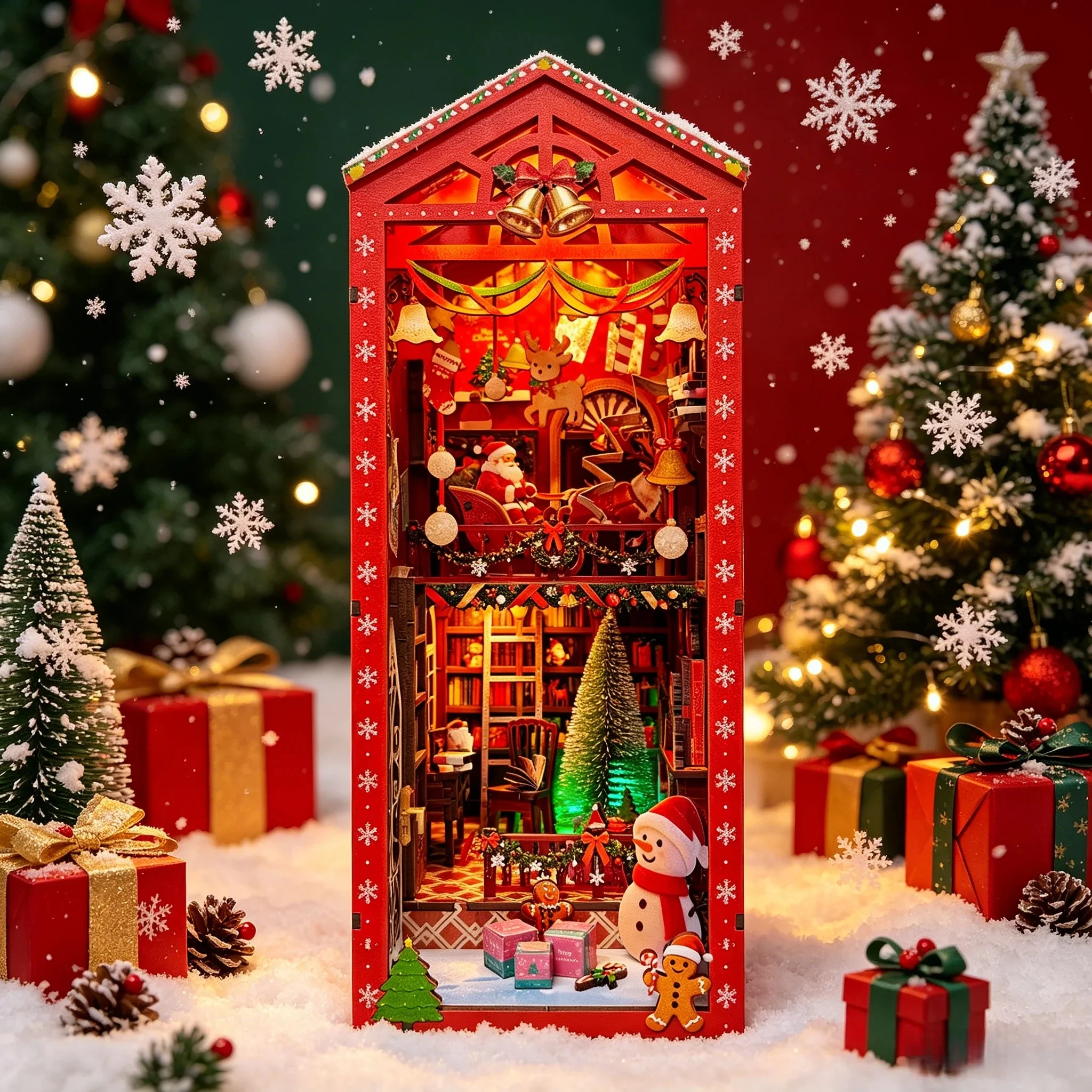 DIY Book Nook Shelf Insert Kit Christmas Bookend Miniature Dollhouse 3D Puzzle Assembly Model Kit for Adults Birthday Gifts Toys