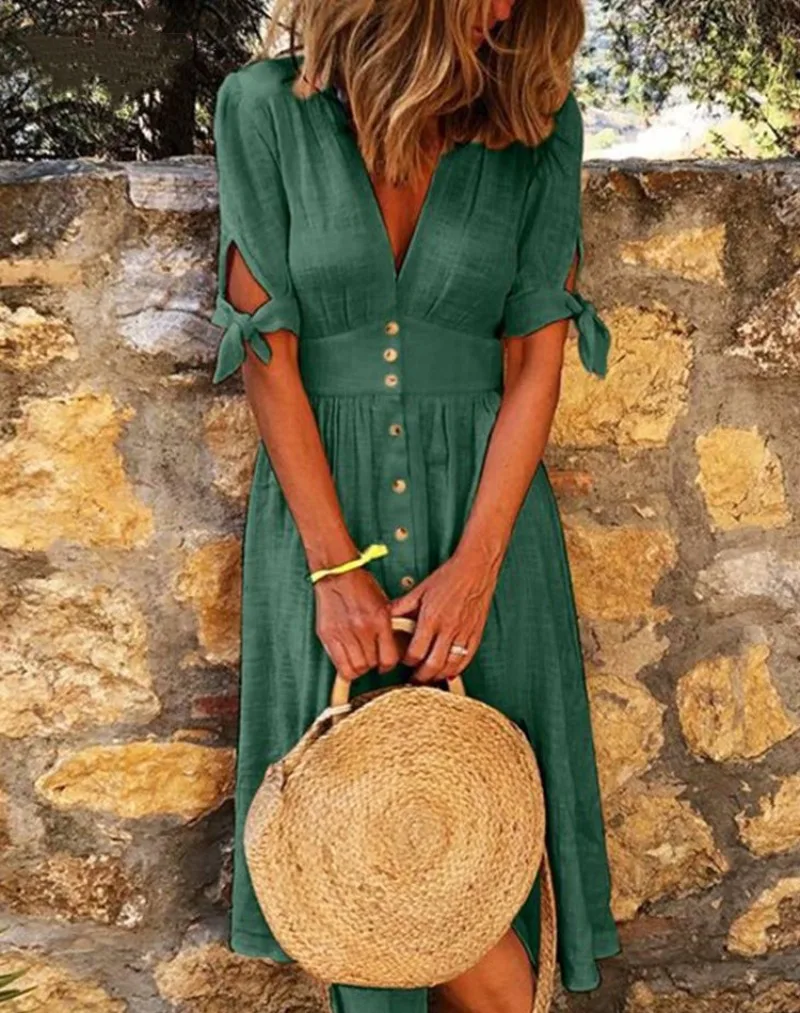 

Women Fashion Midi Dresses Sexy Deep V Neck Short Sleeve A Line Dresses Elegant Button Dress Casual Loose Bohemian Dress Платье