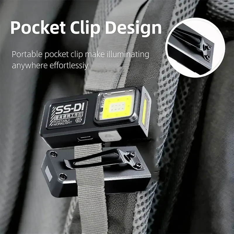 Mini linterna LED COB recargable por USB C, potente luz de trabajo con clip y imán, resistente al agua, EDC, para acampar, caminar, lámpara de bolsillo