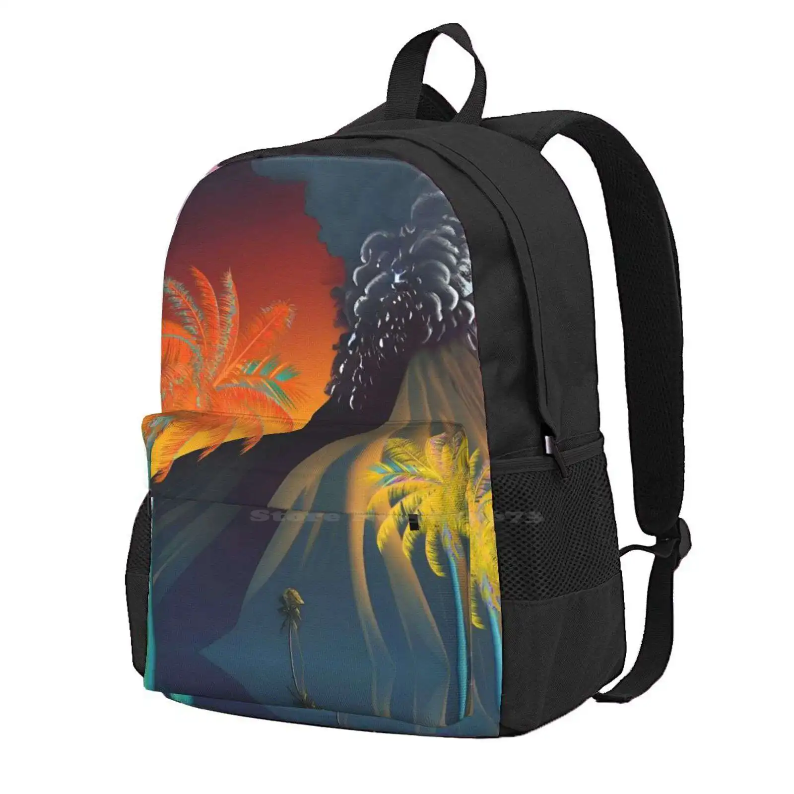 Tiki Volcano Landscape In Hawai'i Large Capacity School Backpack Laptop Bags Plumeria Pikake Lilikoi Waikiki Haleiwa Oahu