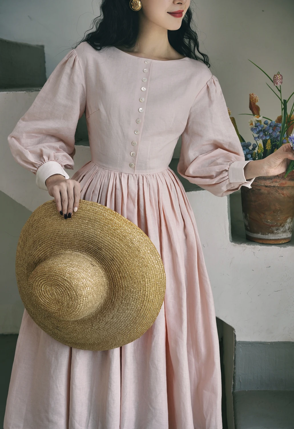 

88-96 см, бюст, весна-осень, розовые длинные платья, женское французское винтажное элегантное тонкое платье с рукавами-фонариками в стиле Хепберн из хлопка и льна