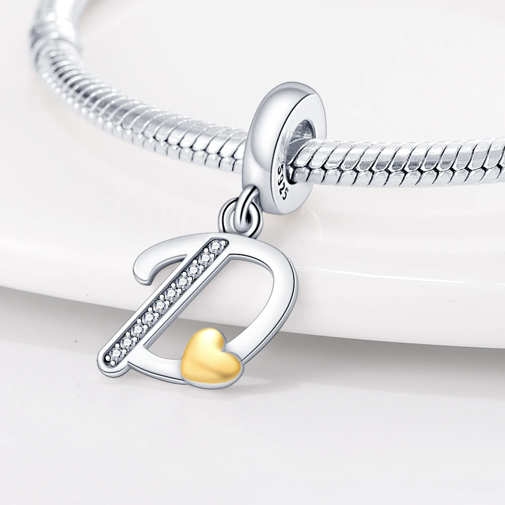 Fashion Silver-Plated Golden Heart Shape 26 Letters Pendants Fit Qikaola 925 Original Bracelets DIY Birthday Jewelry Gifts