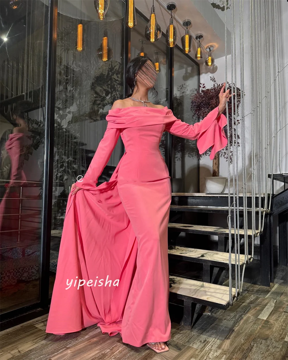 Customized Jersey Ruffles Draped Pleat Graduation Sheath Off-the-shoulder Bespoke Occasion Gown Long Dresses