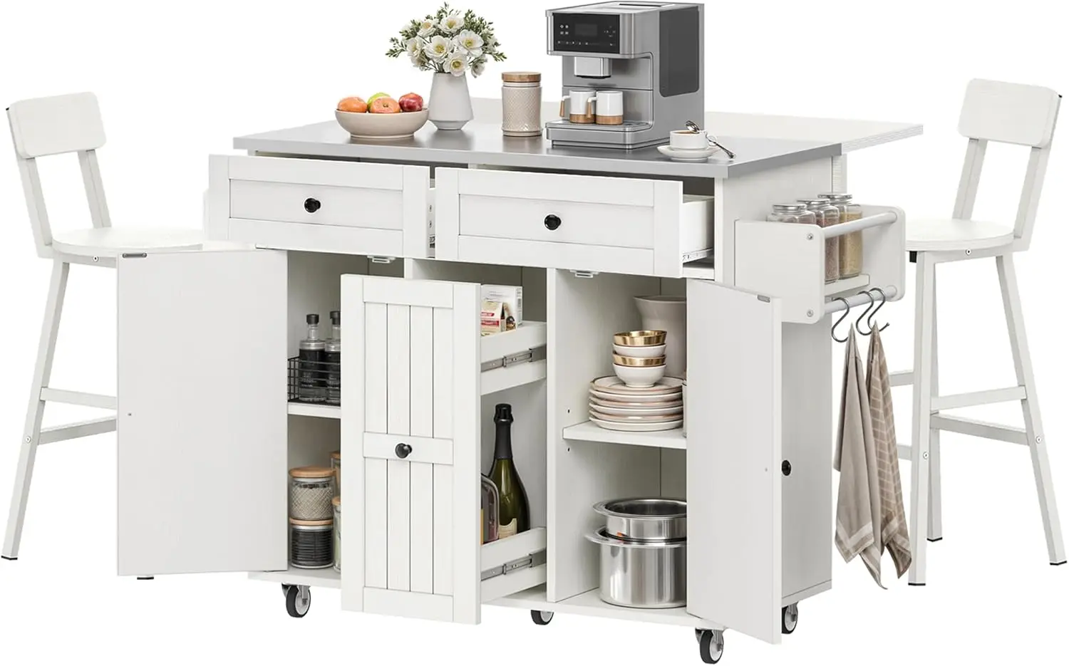 

Mobile Kitchen Island with Seating, Drop Leaf Countertop, Drawers, Cabinets, Bar Stools, Towel and Spice Racks in White