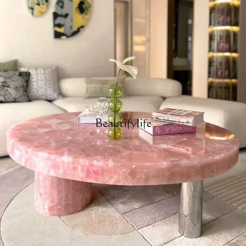 Natural Pink Marble Tea Table Mild Luxury Marble round Coffee Table Italian Style