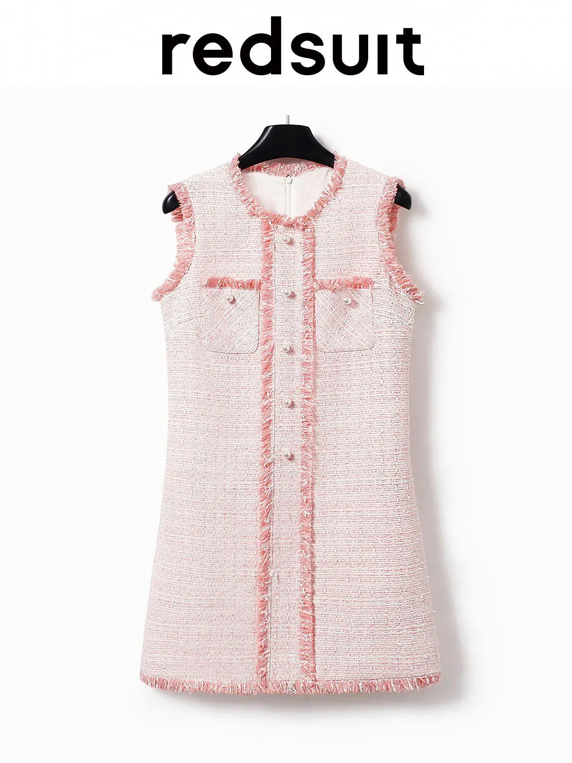 

New Sweet pink round neck slimming sleeveless fringe mid length dress thin custom size